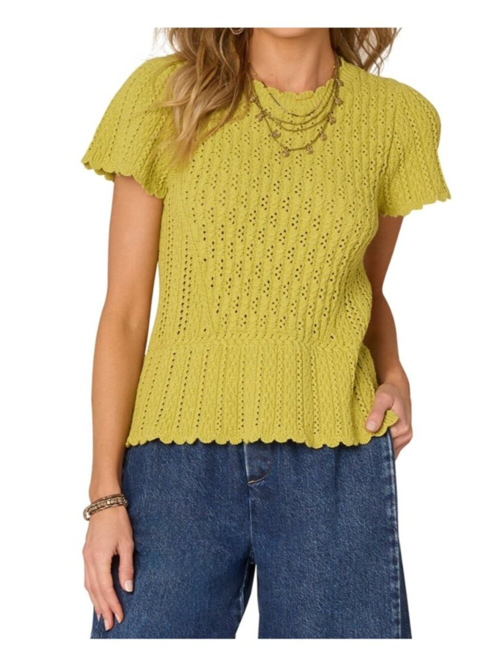 NWT Democracy Citronella Crochet Peplum Sweater Petite Large PL MSRP $78